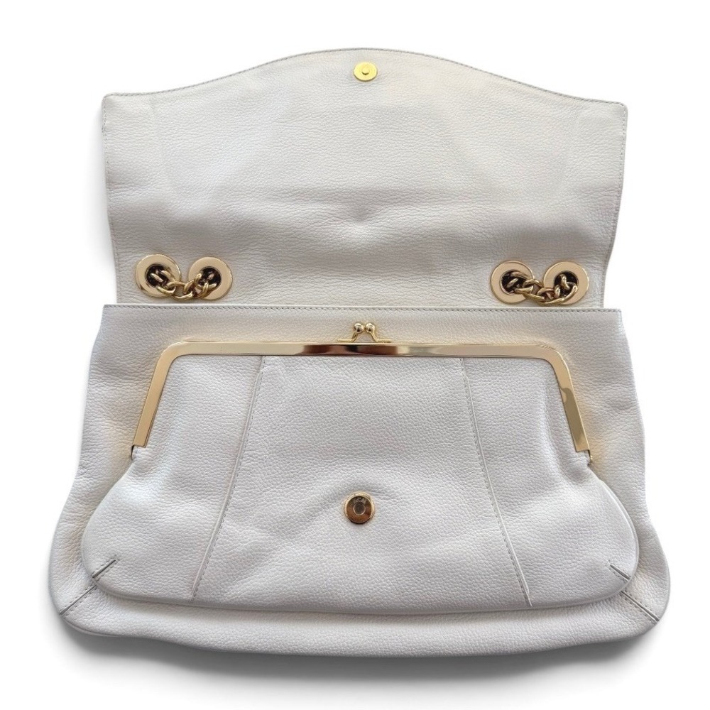 MCM White Pebbled Leather Flap Bag Gold Chain Shoulder Purse Kiss Lock - Picture 6 of 12